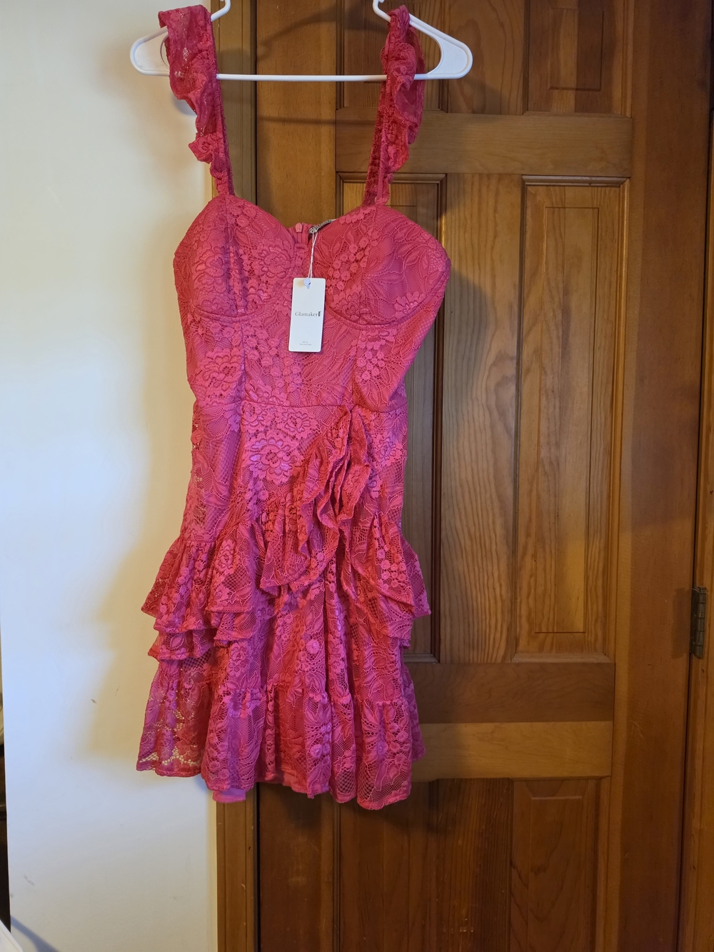 Ruffled Lace Mini Dress in Bright Pink